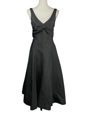Cache Taffeta Dress 10 Y2K Vintage Black V-Neck A-Line Maxi Long Midi Bow Back